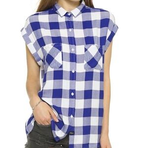 Rails Top Shirt Womens Size XS Britt Cap Sleeve Plaid Check Button Up Blue White